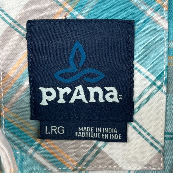 PRANA Shirt Mens L Benton Plaid Button Up Camp Organic Cotton Blend Blue NEW - Picture 5 of 15